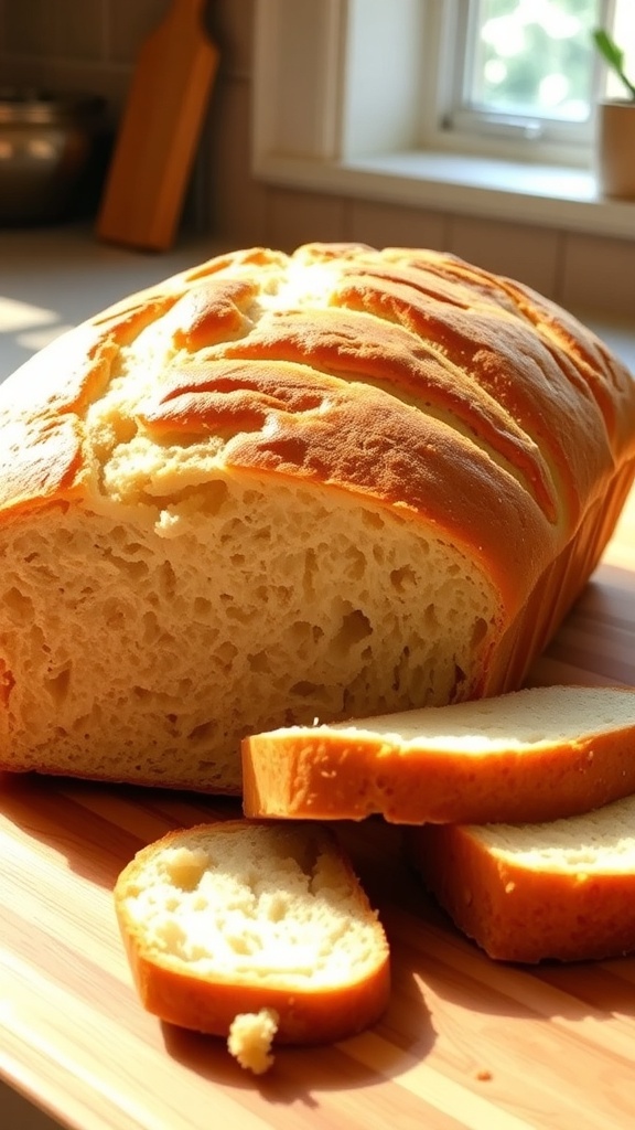 Gluten-Free Bread with Xanthan Gum Recipe A golden brown loaf of gluten-free bread sliced on a wooden board, showcasing its soft texture.